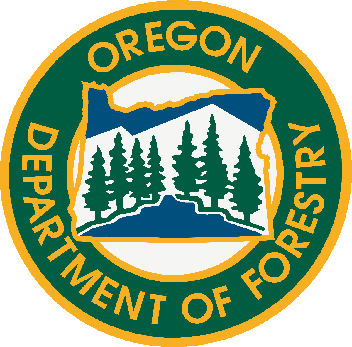 Oregon Department of Forestry Logo image - A yellow and green badge with agency name, some trees and an outline of Oregon